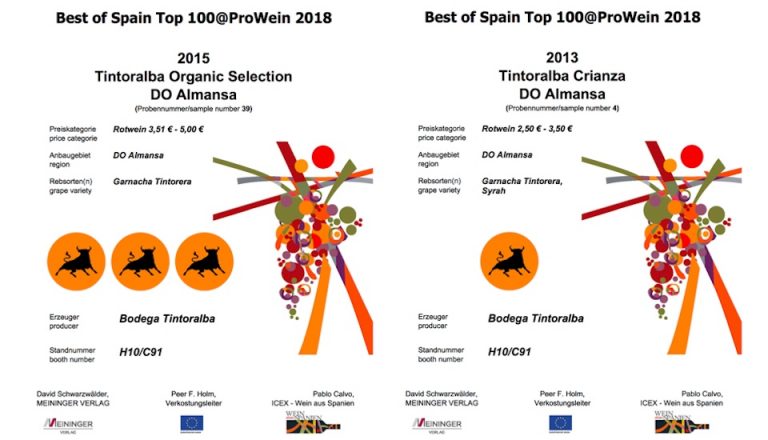 Lee más sobre el artículo Tintoralba Ecológico Selección 2015 y Tintoralba Crianza 2013 entre los 100 mejores vinos españoles del Pabellón Español en Prowein